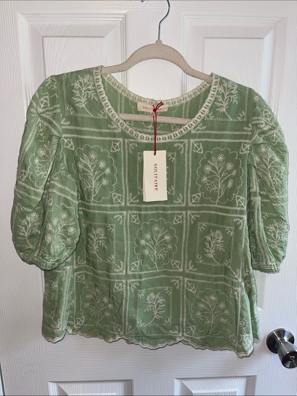 Solitaire Light Green Embroidered Cotton Blouse